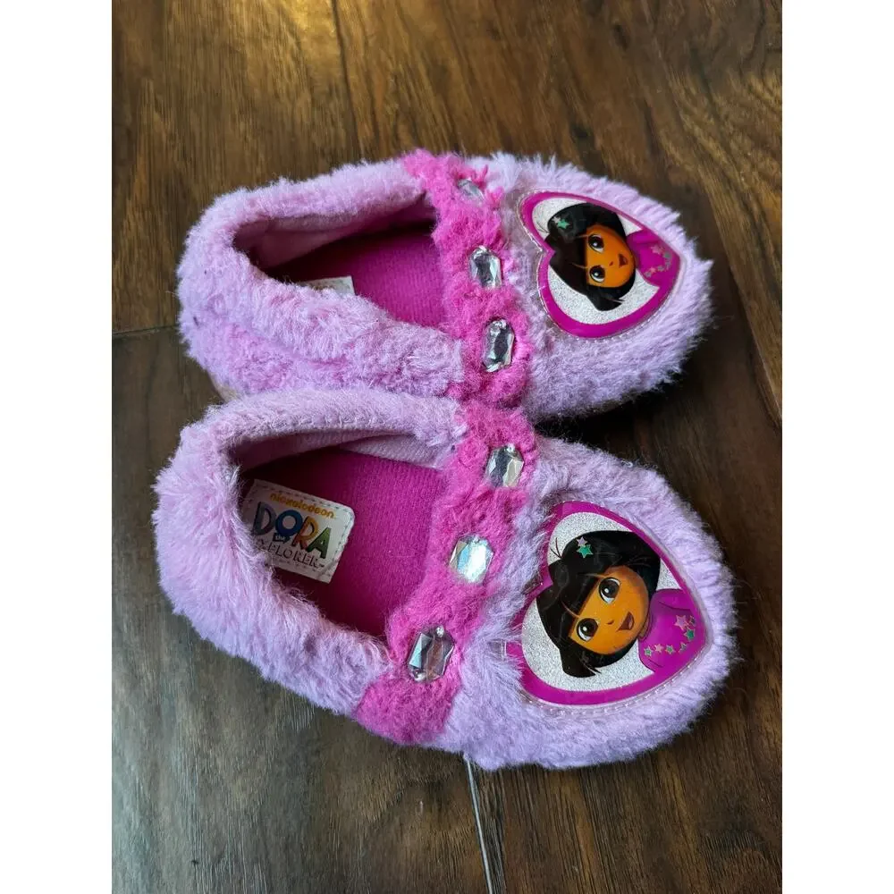 Vintage Dora The Explorer Fuzzy Pink House Slippers Girls 7/8 Med Jewels heart